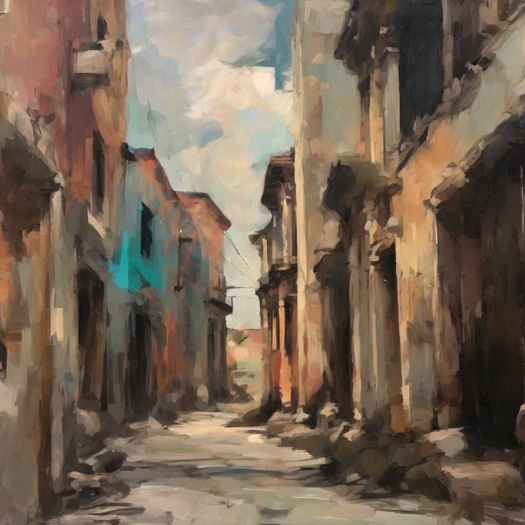 Αντίληψη του βάθους στην τέχνη, ελαιογραφία δρόμου με βάθος και προοπτική, παράδοση και σύνθεση, ιταλική αρχιτεκτονική, ρεαλιστική εικαστική εκτίμηση, εικαστικά στοιχεία και αισθητική.