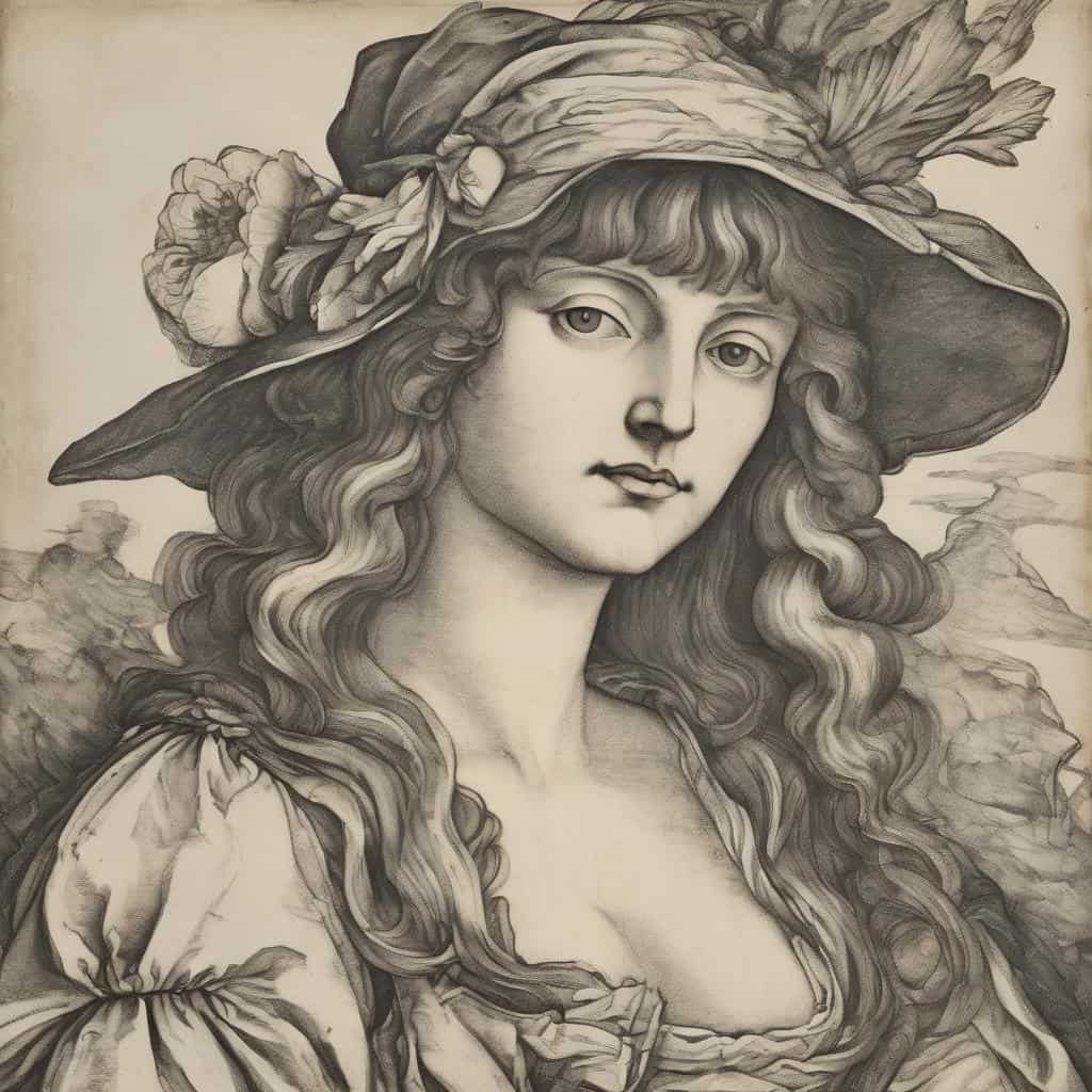 Οπτική αντίληψη του βάθους στην τέχνη, νεκρή φύση με γυναικεία μορφή και καπέλο, λεπτομερής σχεδιασμός, γραμμική προοπτική, γκρί αποχρώσεις, πλούσια υφή και αναπαράσταση φυσικότητας, εστίαση στη διαφορά μεταξύ προσώπου και περιβάλλοντος.