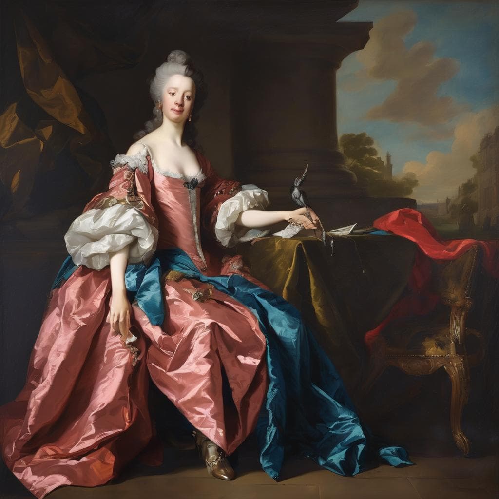 Λειτουργία βάθους στην τέχνη, παλαιά ζωγραφική πορτραίτου με διάσταση, εικαστική τέχνη, ρομαντική γυναίκα με κομψά ρούχα, ρίγες και διακόσμηση, κλασσική ατμόσφαιρα, φόντο τοπίο, το αρτίstelικό βάθος και η προοπτική.